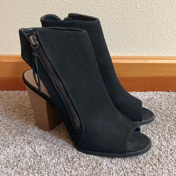 Qupid Black and Brown Heeled Boots with Peep-Toe Design - Picture 1 of 8